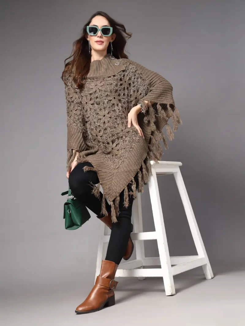 Women High Neck Long Sleeves Chevron Longline Poncho