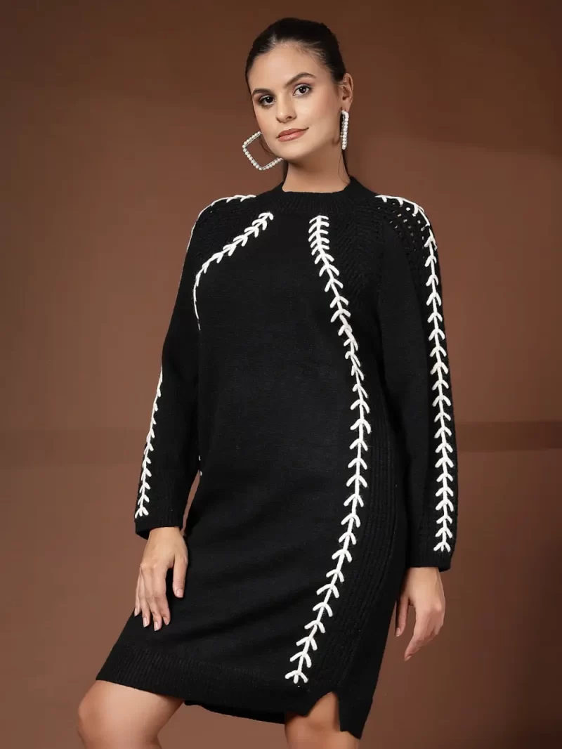 Women Cable Knit Self Design High Neck Dress