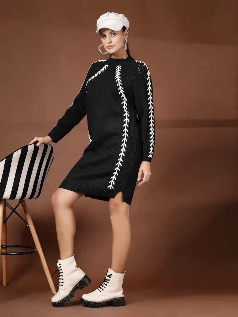 Women Cable Knit Self Design High Neck Dress