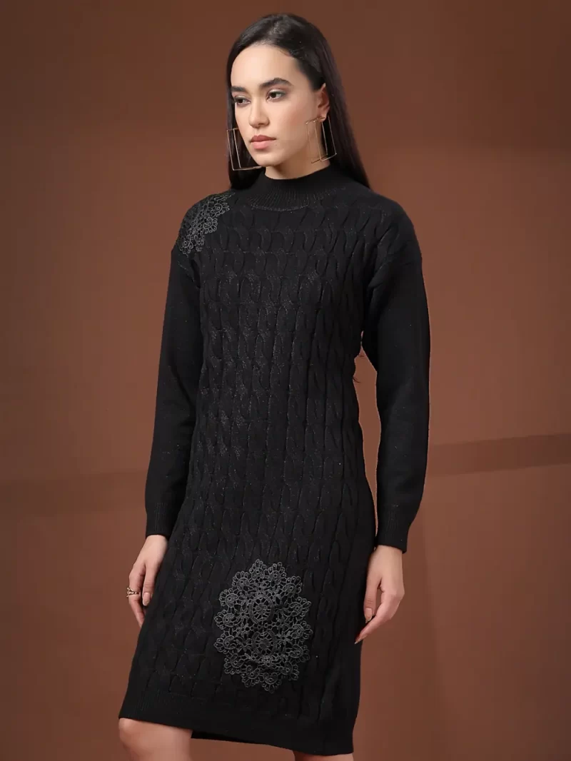Women Cable Knit Self Design High Neck Dress