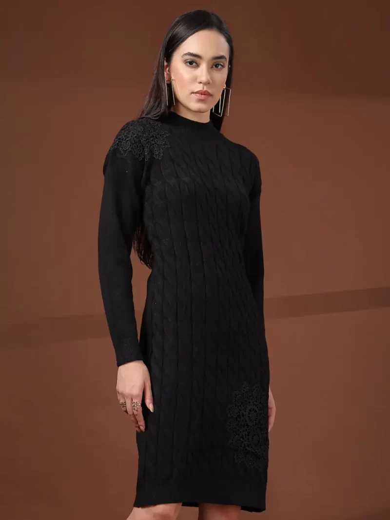 Women Cable Knit Self Design High Neck Dress