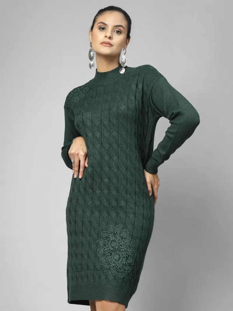 Women Cable Knit Self Design High Neck Dress