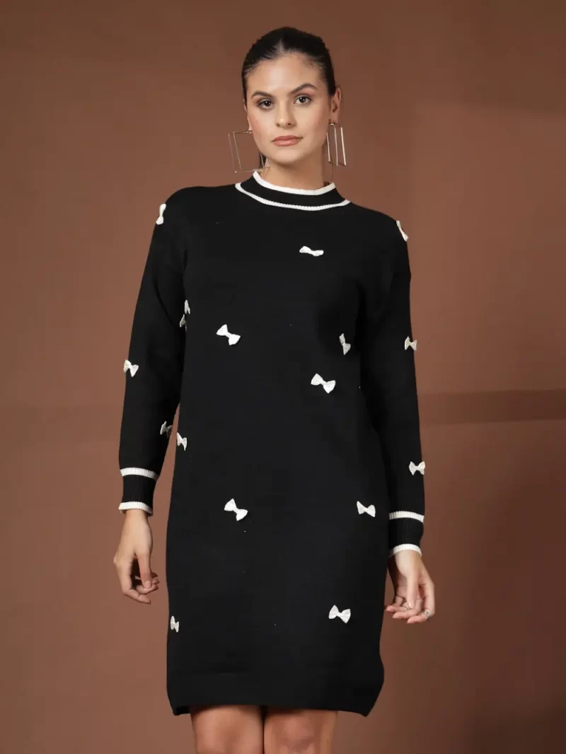 Women Cable Knit Self Design High Neck Dress