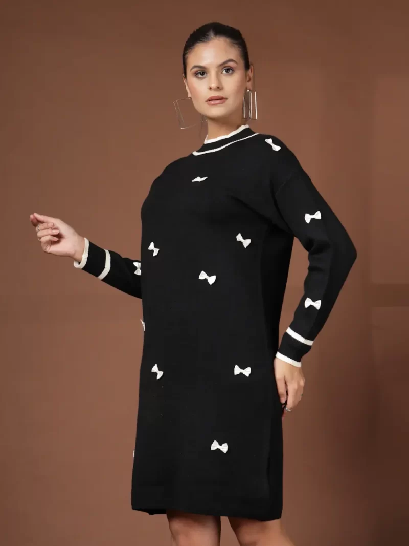 Women Cable Knit Self Design High Neck Dress