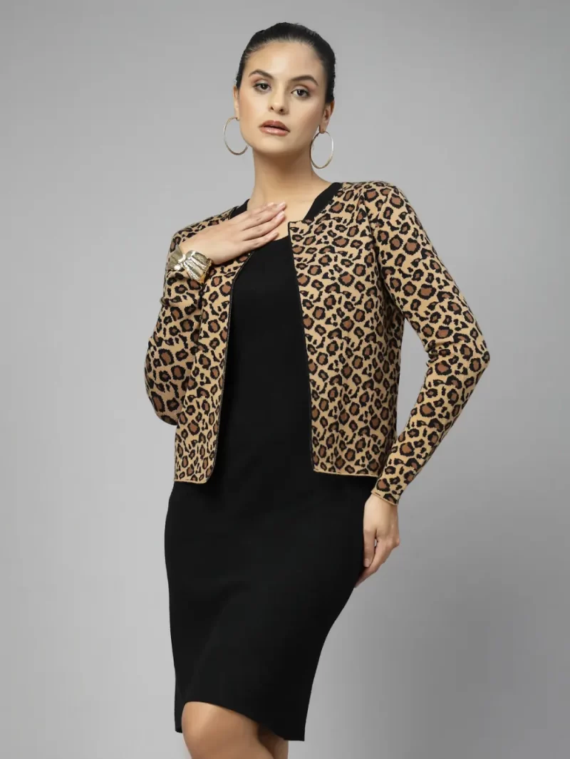 Women Solid Dress With Printed Shrug