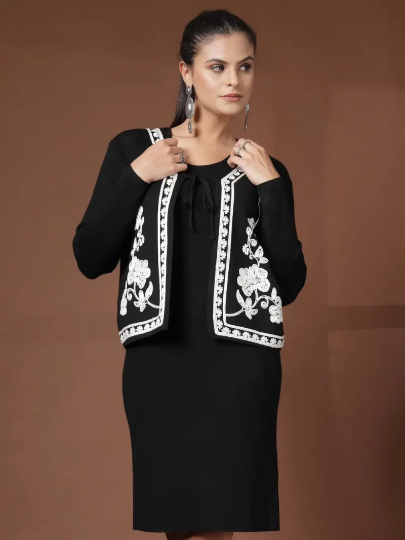 Women Solid Dress With Embroidered Shrug