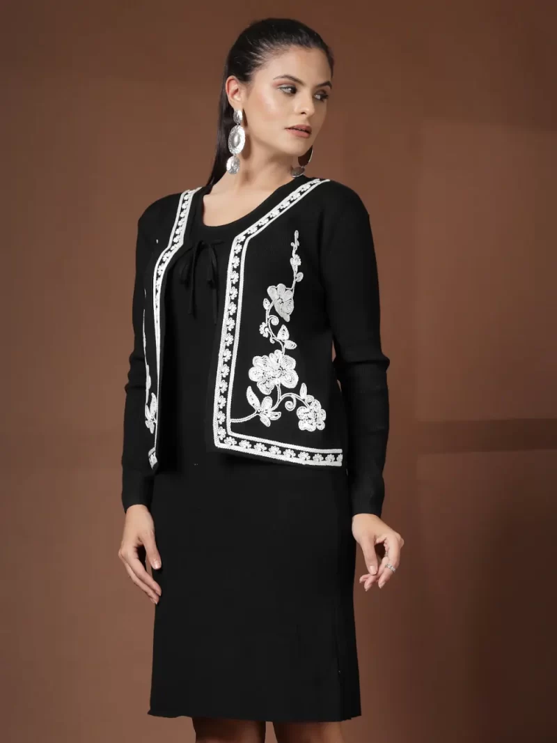 Women Solid Dress With Embroidered Shrug