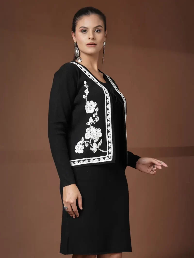 Women Solid Dress With Embroidered Shrug