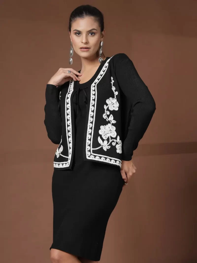 Women Solid Dress With Embroidered Shrug
