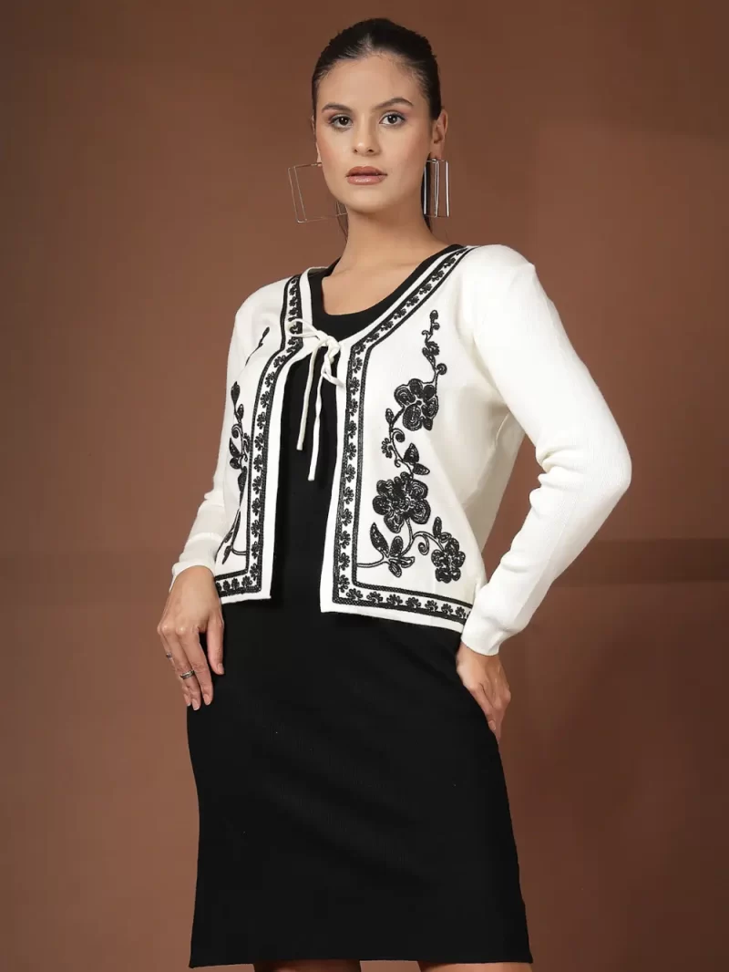 Women Solid Dress With Embroidered Shrug