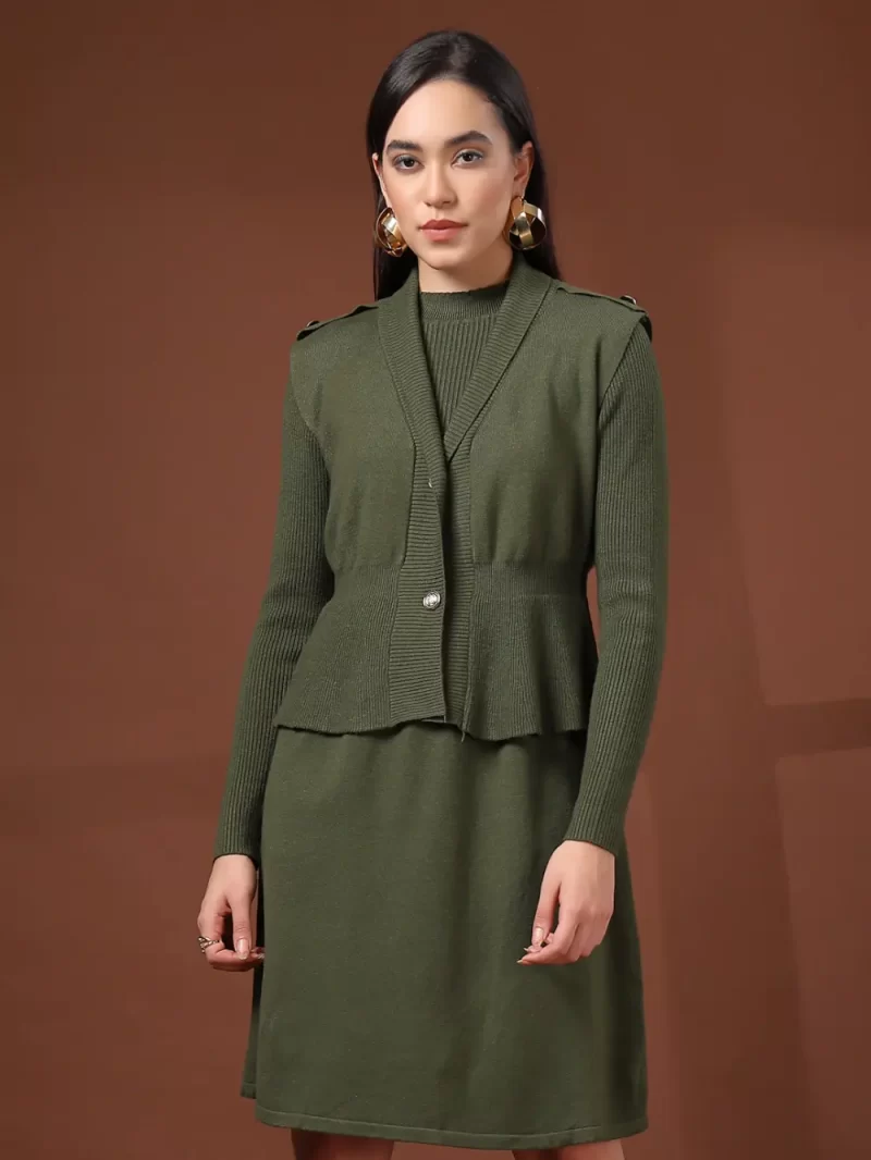 Ribbed Sweater Dress With Attached Cardigan