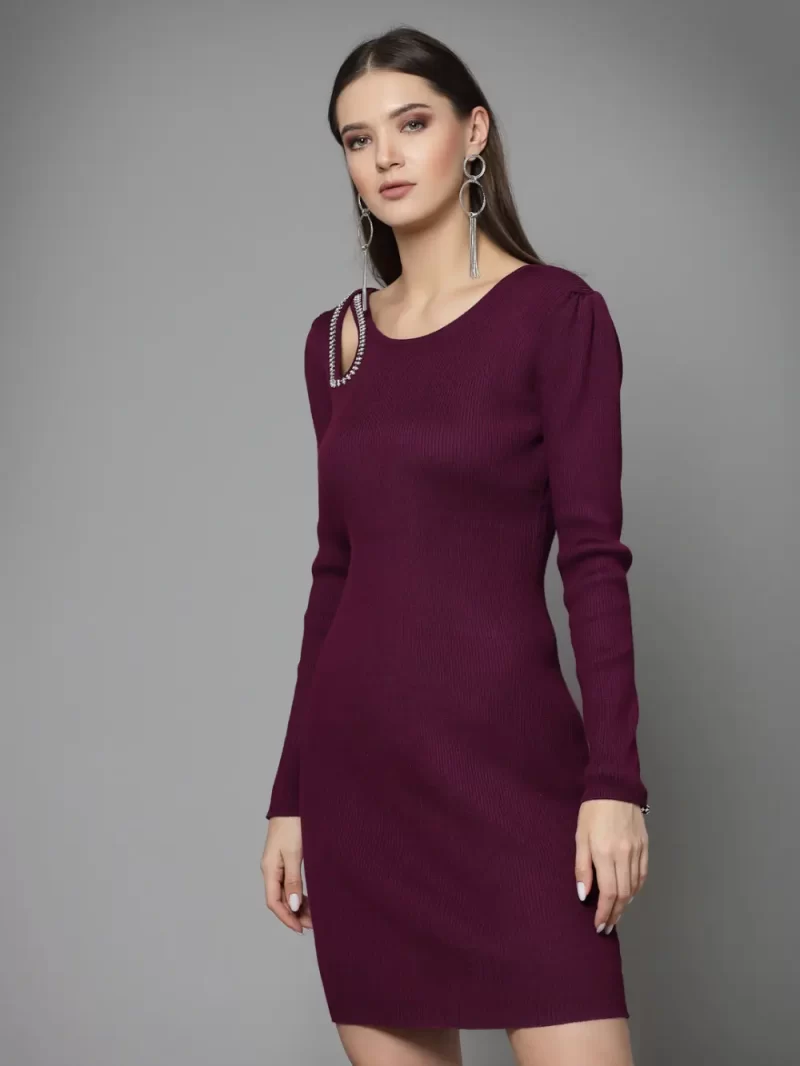 Round Neck Long Sleeves Cut-Outs Beads & Stones Bodycon Dress