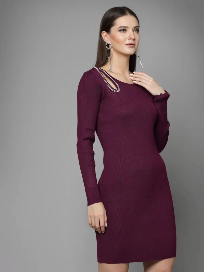 Round Neck Long Sleeves Cut-Outs Beads & Stones Bodycon Dress