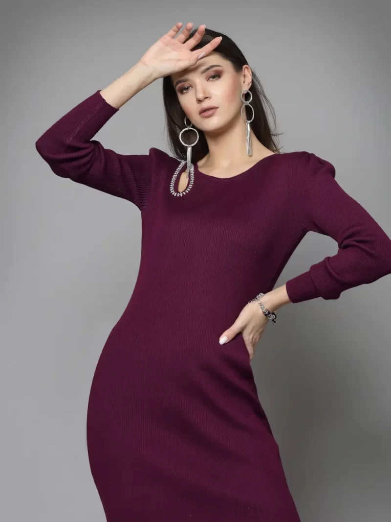 Round Neck Long Sleeves Cut-Outs Beads & Stones Bodycon Dress