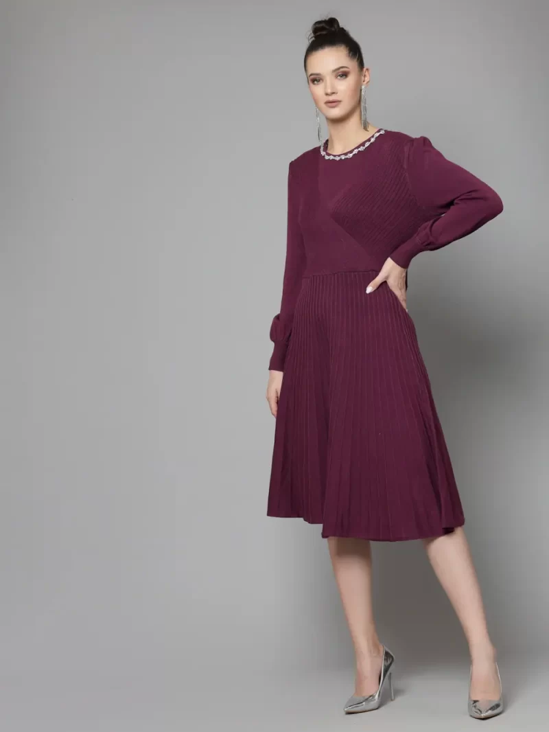 Self Design Round Neck Cuffed Sleeves Embellished A-Line Dress