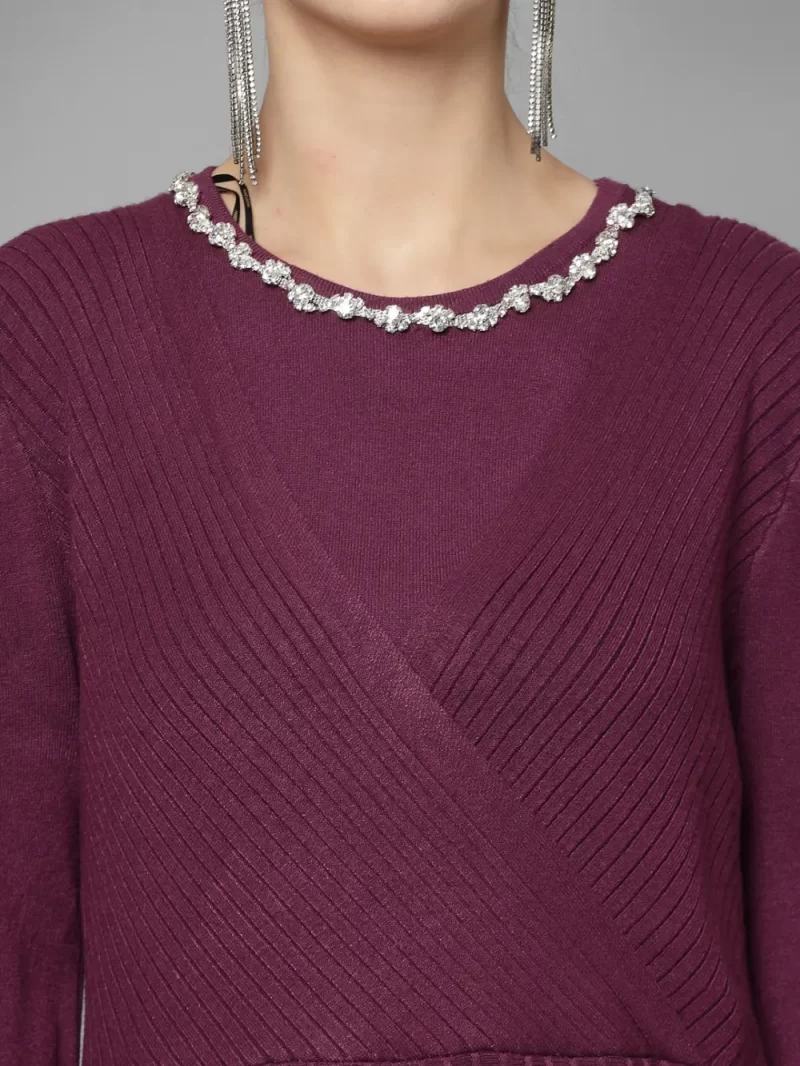 Self Design Round Neck Cuffed Sleeves Embellished A-Line Dress