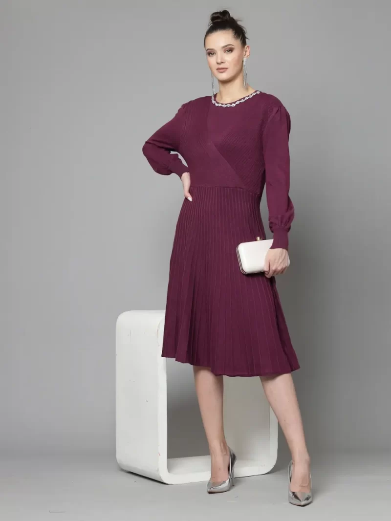 Self Design Round Neck Cuffed Sleeves Embellished A-Line Dress