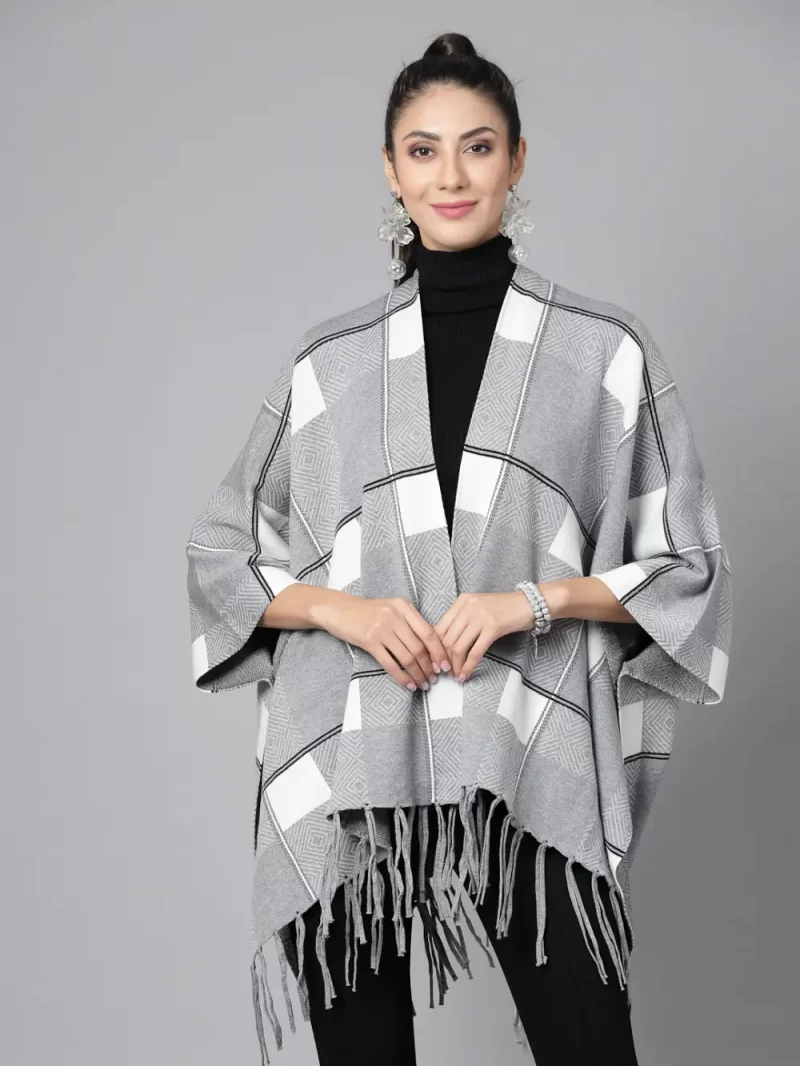 Women Checked Shawl Collar Asymmetric Poncho Sweater