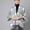 Women Checked Shawl Collar Asymmetric Poncho Sweater