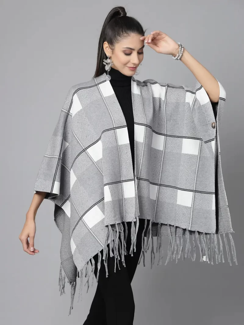 Women Checked Shawl Collar Asymmetric Poncho Sweater