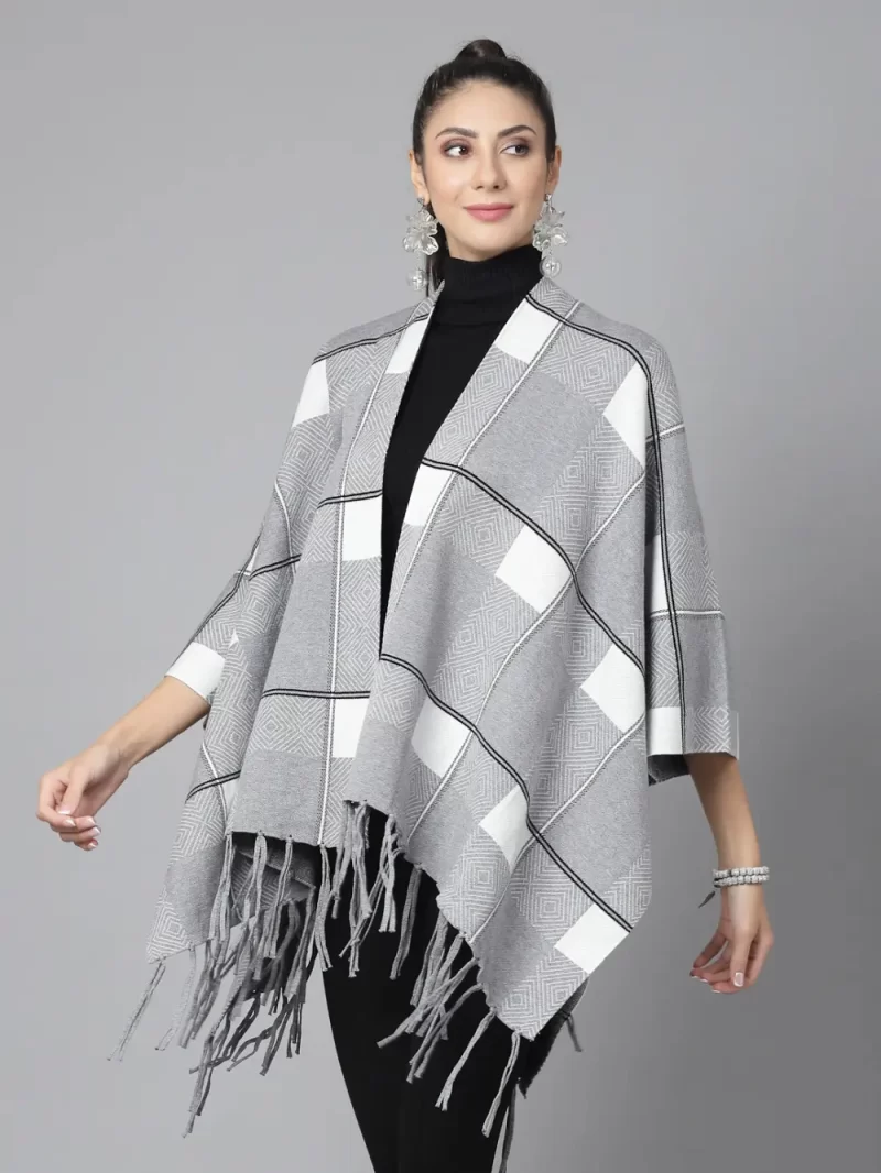 Women Checked Shawl Collar Asymmetric Poncho Sweater