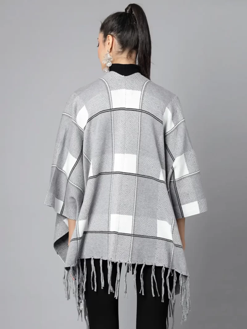 Women Checked Shawl Collar Asymmetric Poncho Sweater