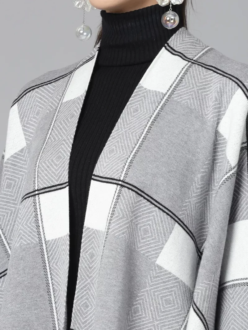 Women Checked Shawl Collar Asymmetric Poncho Sweater