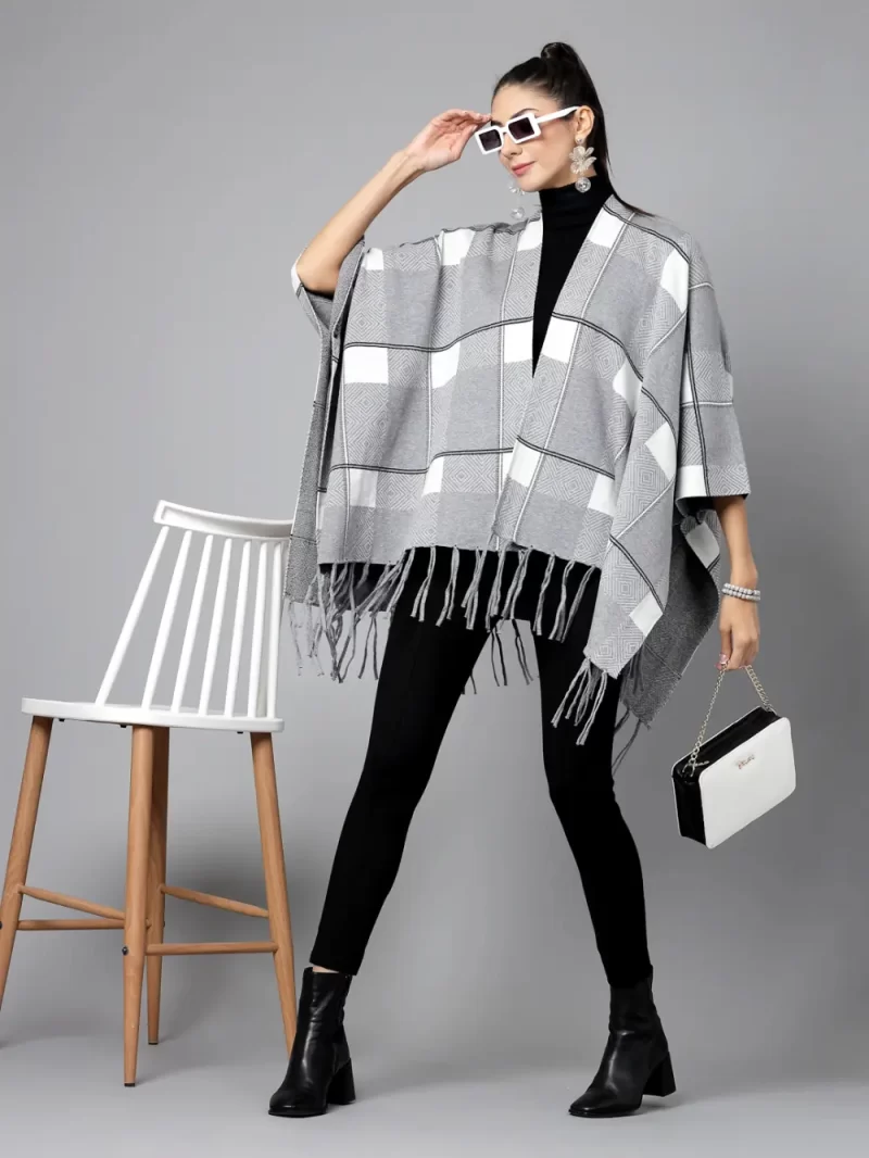 Women Checked Shawl Collar Asymmetric Poncho Sweater