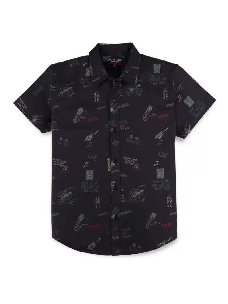 Gini And Jony Boys Black Conversational Print Cotton Shirt Half Sleeves
