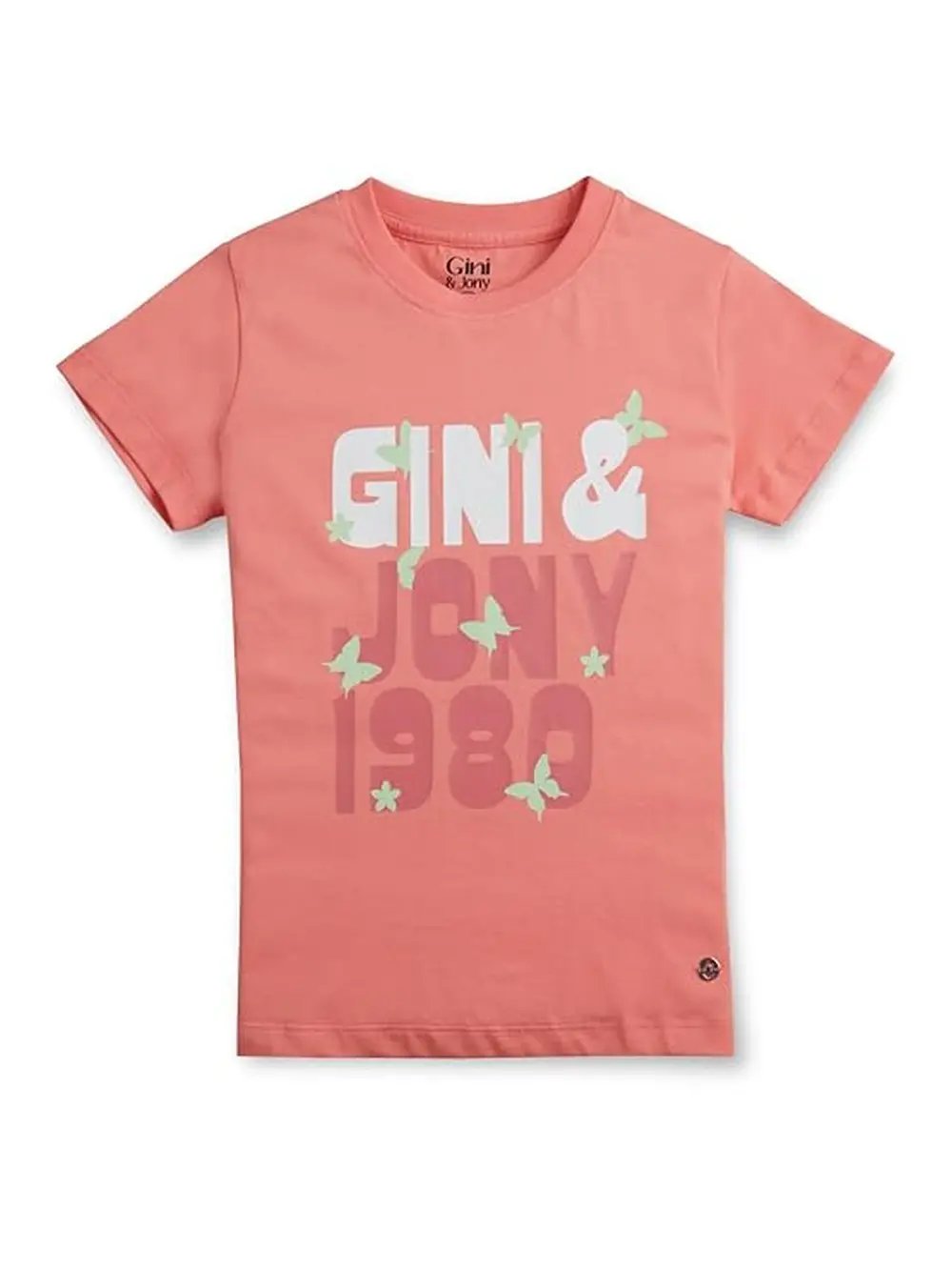 Gini & Jony Girls Pink Cotton Printed Round Neck Half Sleeves Knits Top
