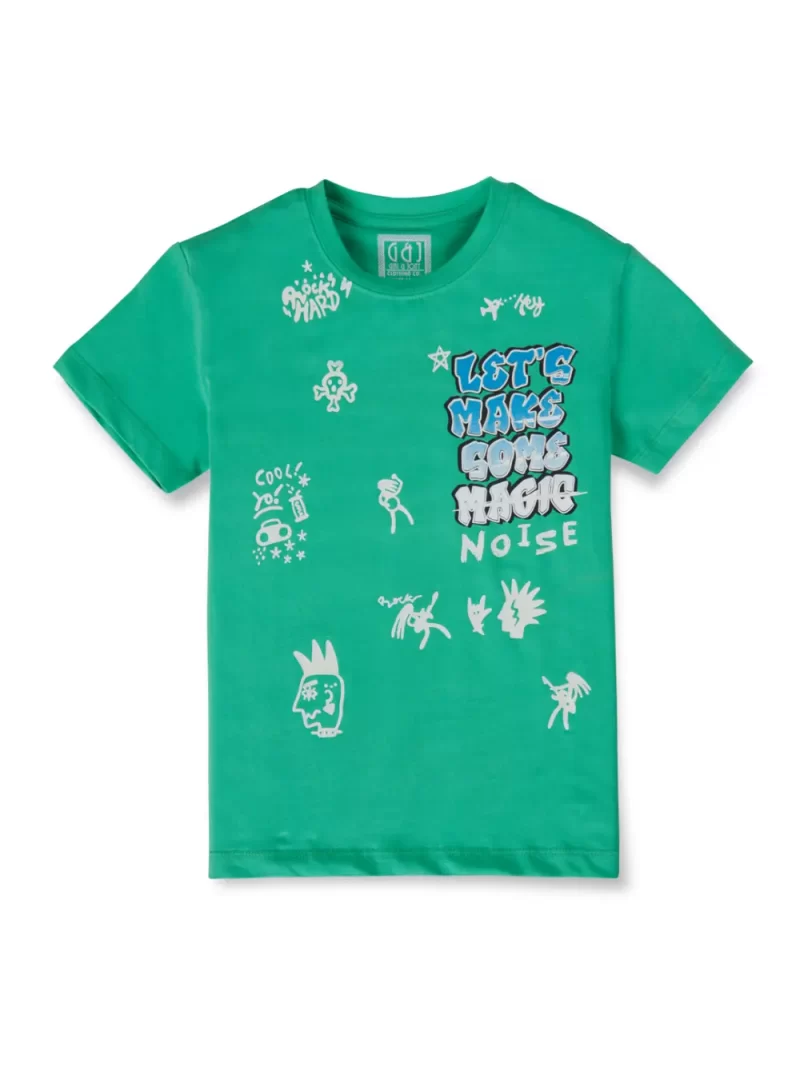 Gini And Jony Boys Green Typographic Print Cotton Lycra T-Shirt Half Sleeves
