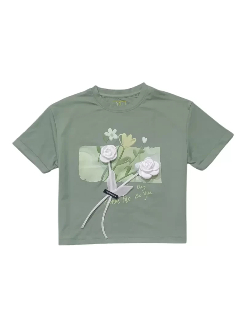 Gini And Jony Girls Olive Applique Cotton Knits Top Half Sleeves 11-12 Years