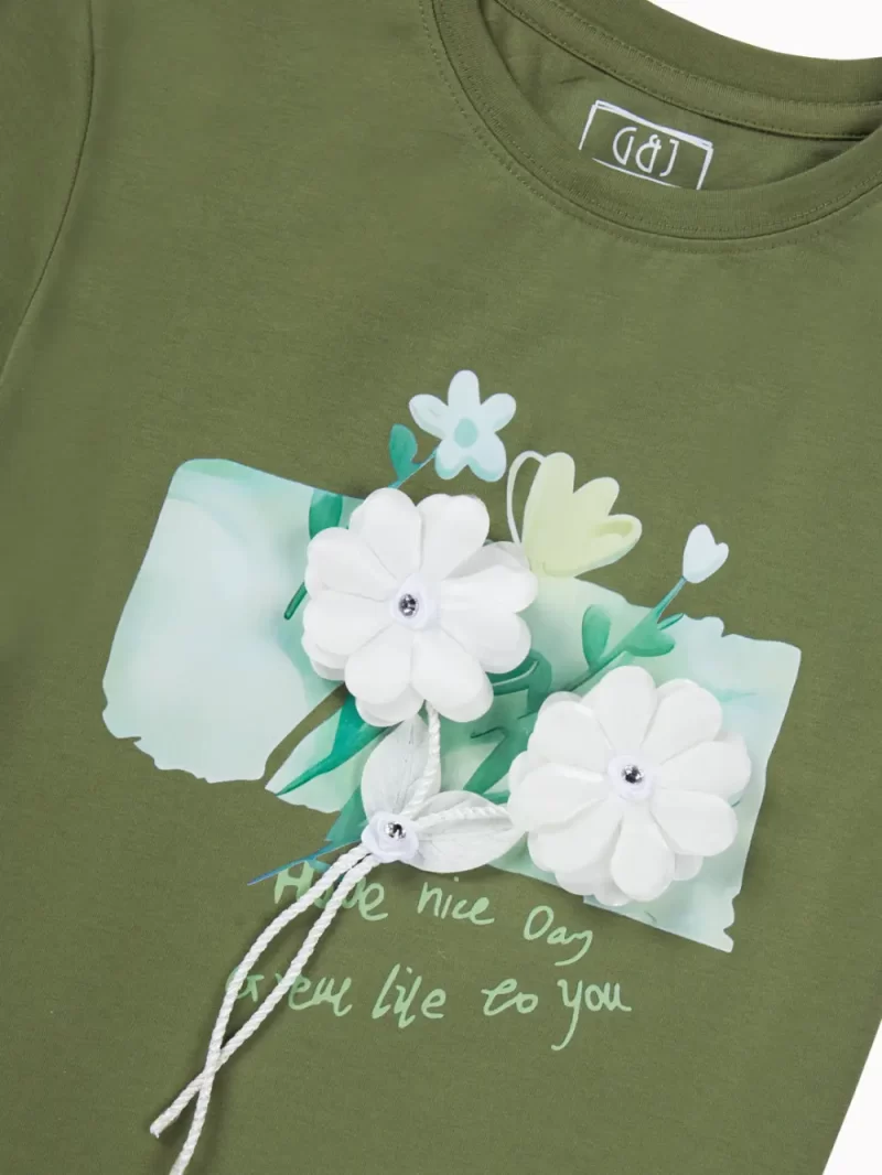 Gini And Jony Girls Olive Applique Cotton Knits Top Half Sleeves 11-12 Years