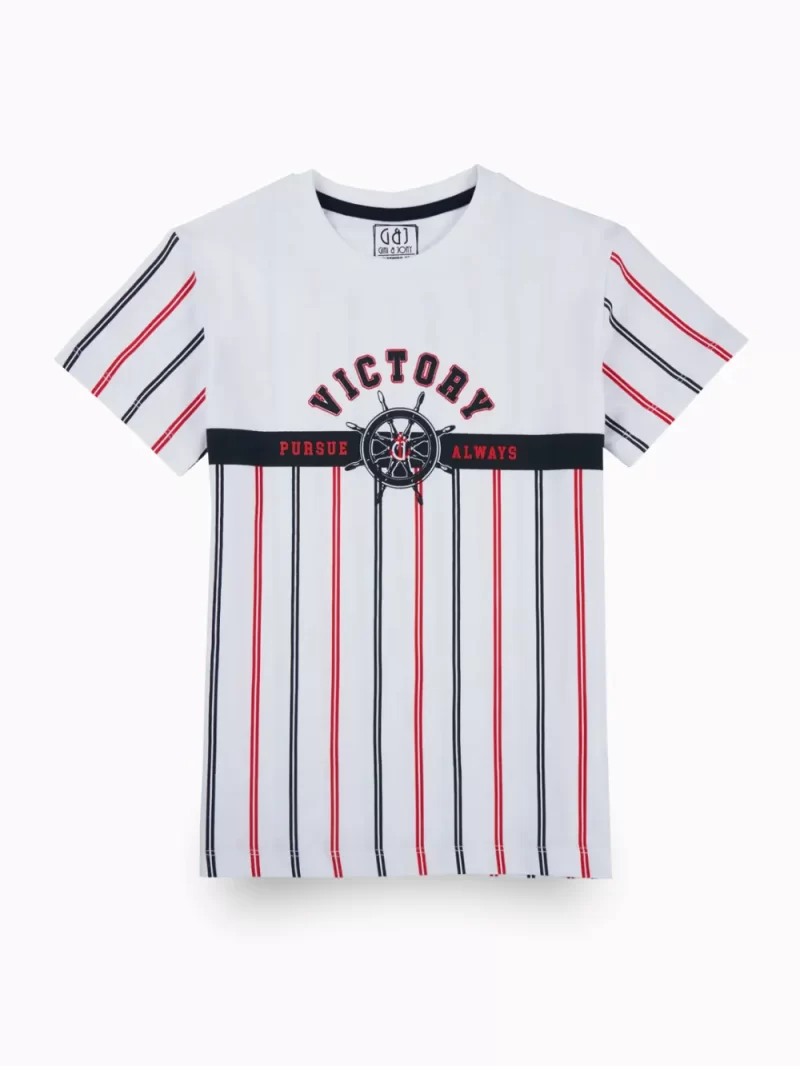 Gini And Jony Boys White Stripes Cotton T-Shirt Half Sleeves