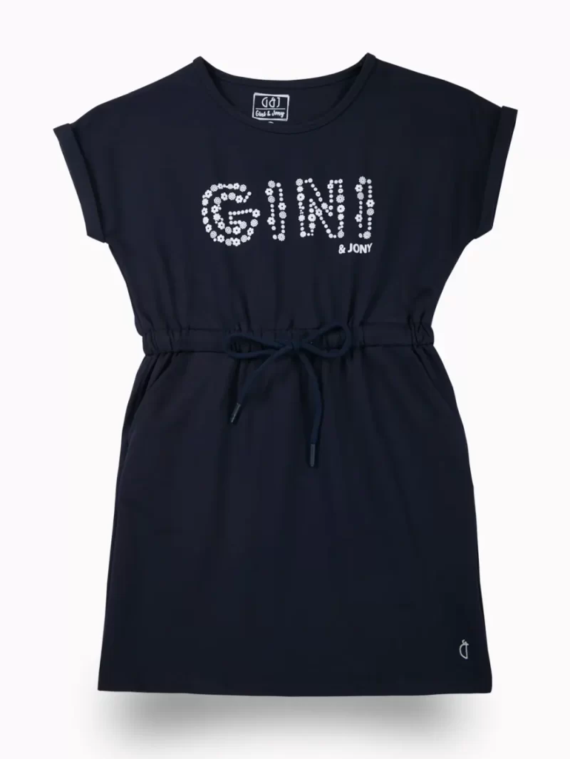 Gini And Jony Girls Navy Blue Typographic Print Cotton Dress Short Sleeves