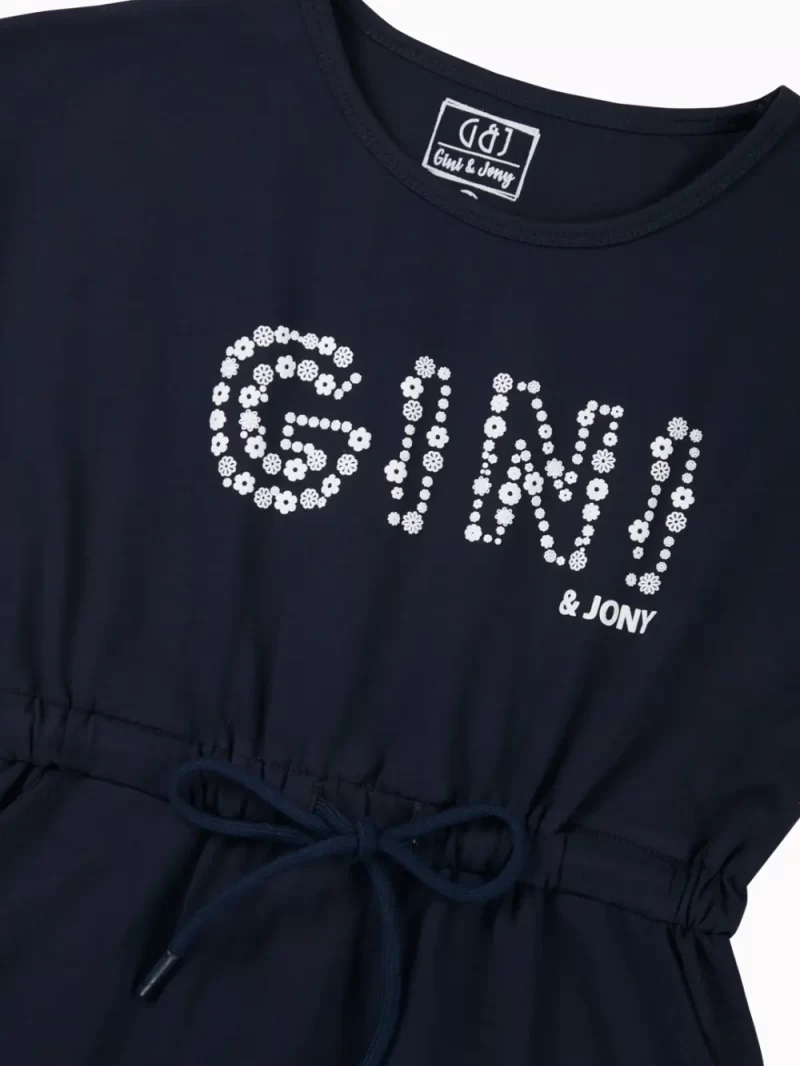 Gini And Jony Girls Navy Blue Typographic Print Cotton Dress Short Sleeves