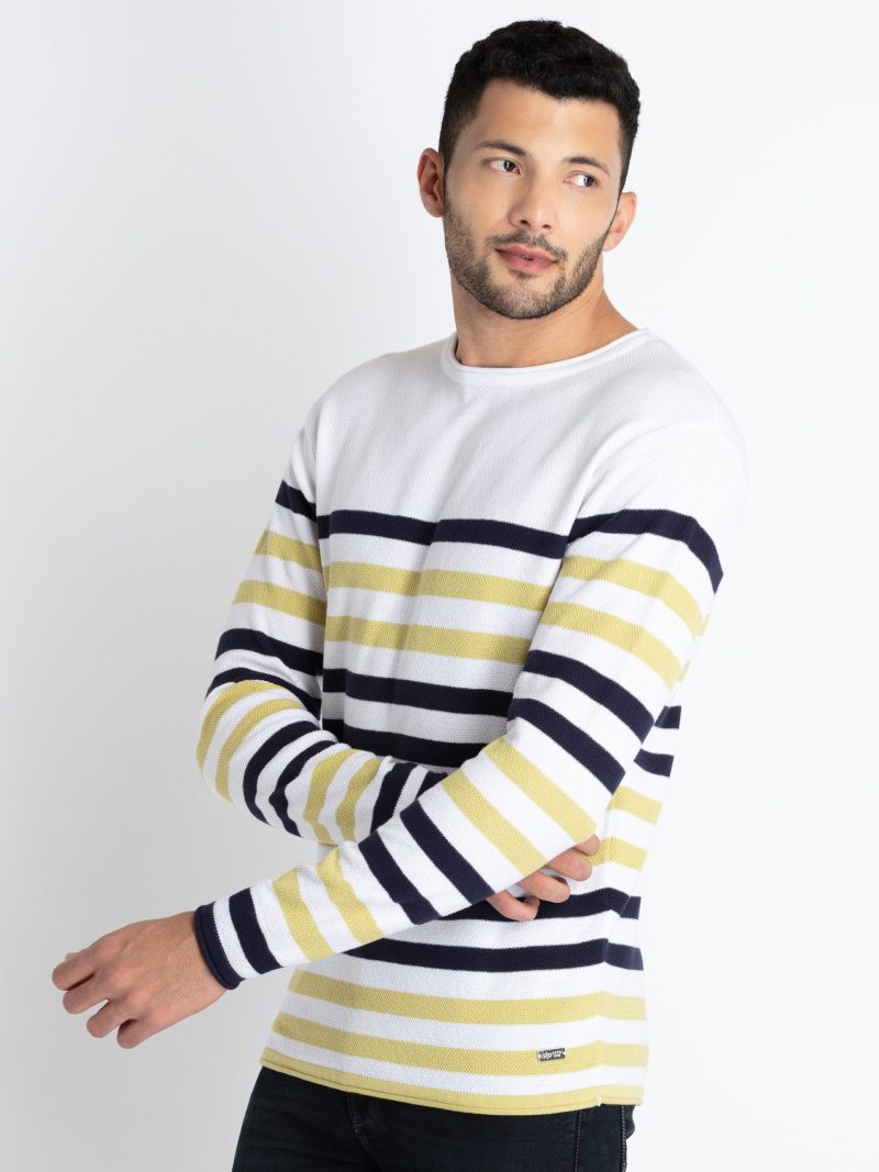 Status Quo Men'S Striped Round Neck Sweater