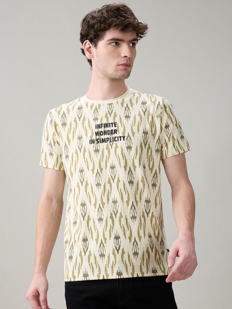 Status Quo Men'S Ikat Printed Cotton Round Neck T-Shirt With Minimal Typography