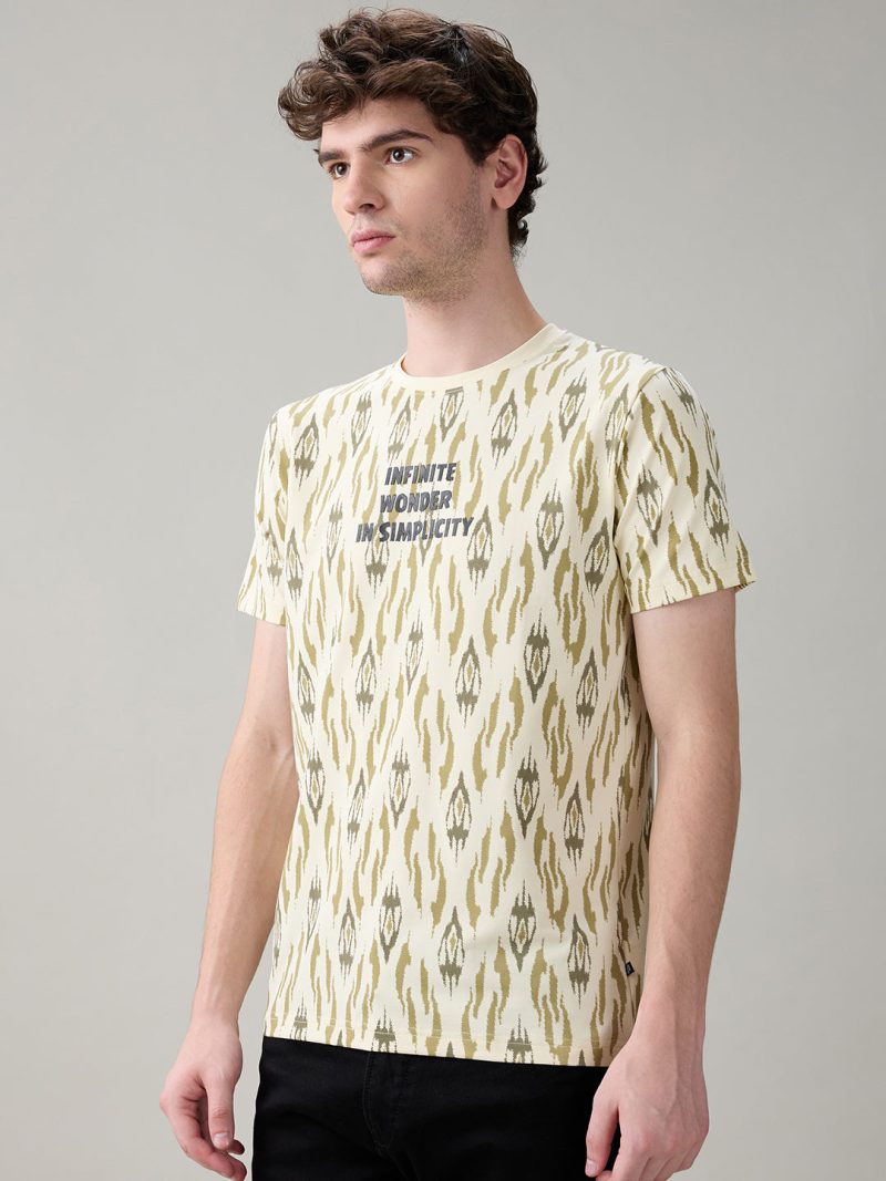 Status Quo Men'S Ikat Printed Cotton Round Neck T-Shirt With Minimal Typography