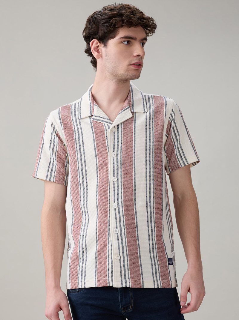 Status Quo Men'S Striped Cuban Collar Half Sleeves Regular Fit Shirt