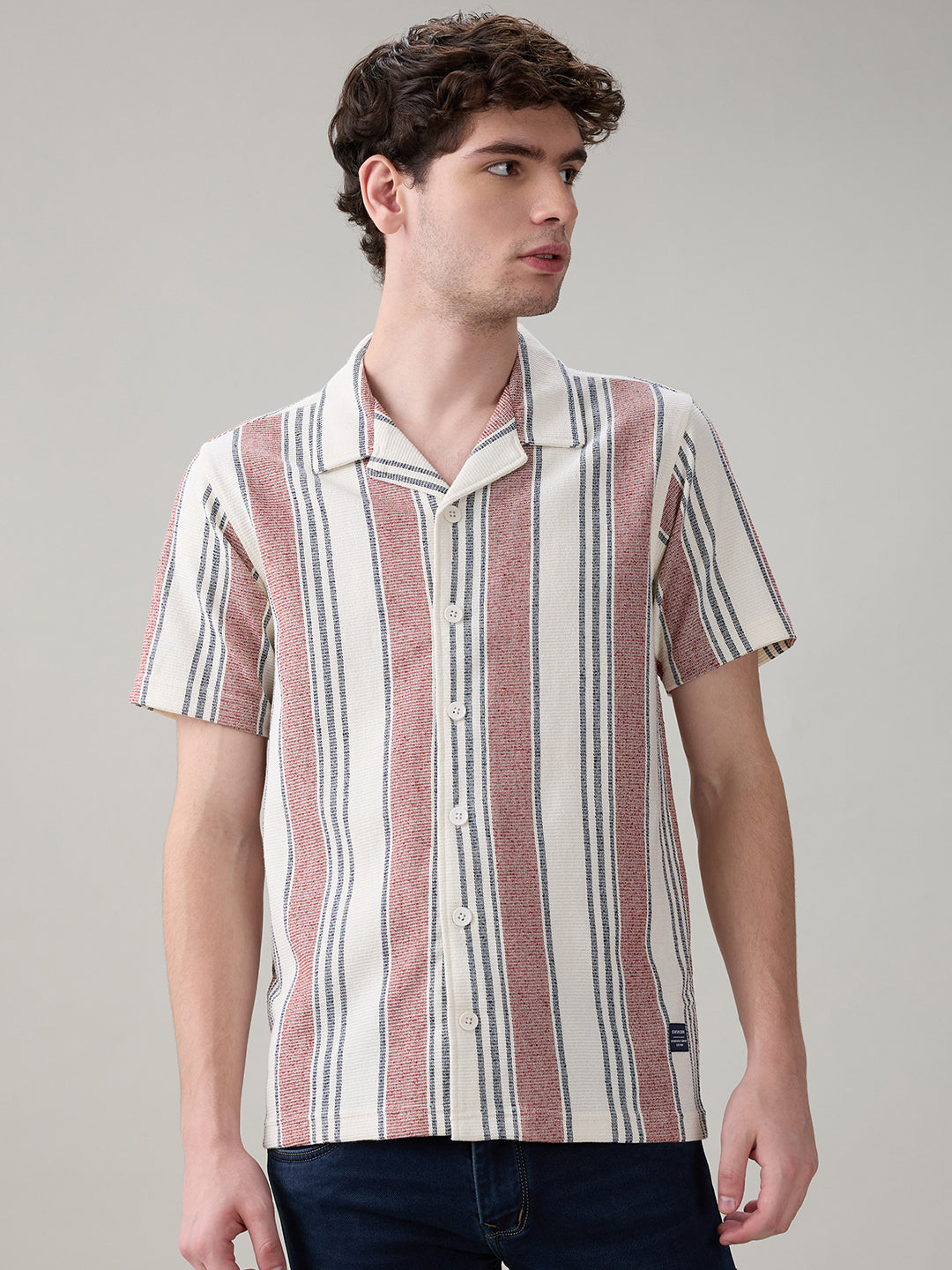 Status Quo Men'S Striped Cuban Collar Half Sleeves Regular Fit Shirt