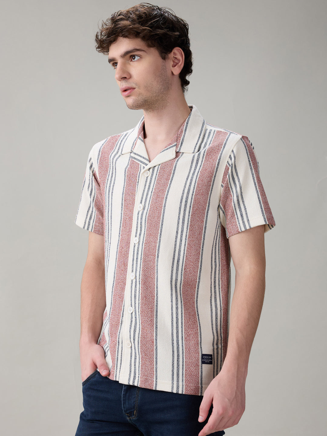 Status Quo Men'S Striped Cuban Collar Half Sleeves Regular Fit Shirt