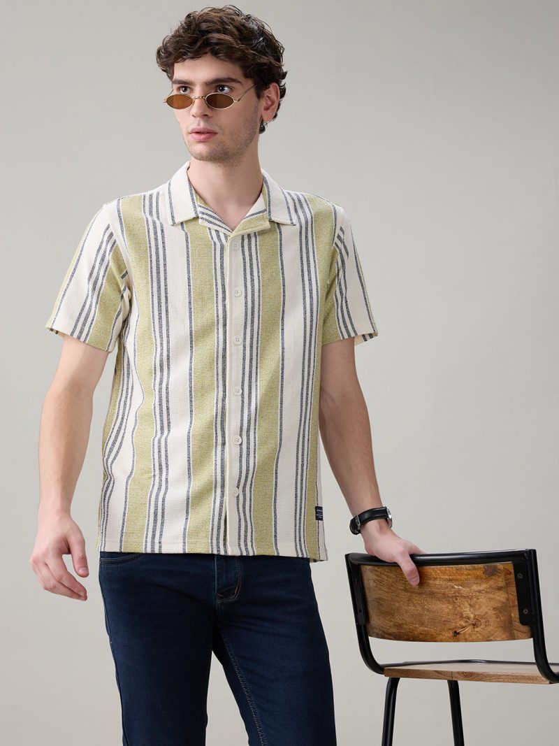 Status Quo Men'S Striped Cuban Collar Half Sleeves Regular Fit Shirt