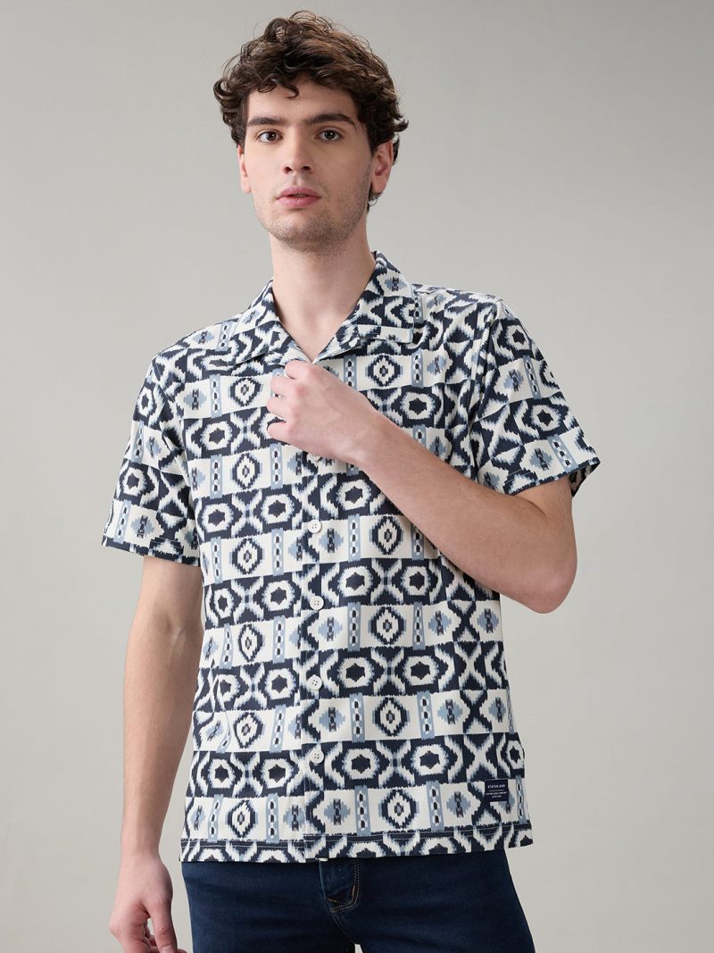 Status Quo Men'S Geometric Printed Cuban Collar Half Sleeves Regular Fit Shirt