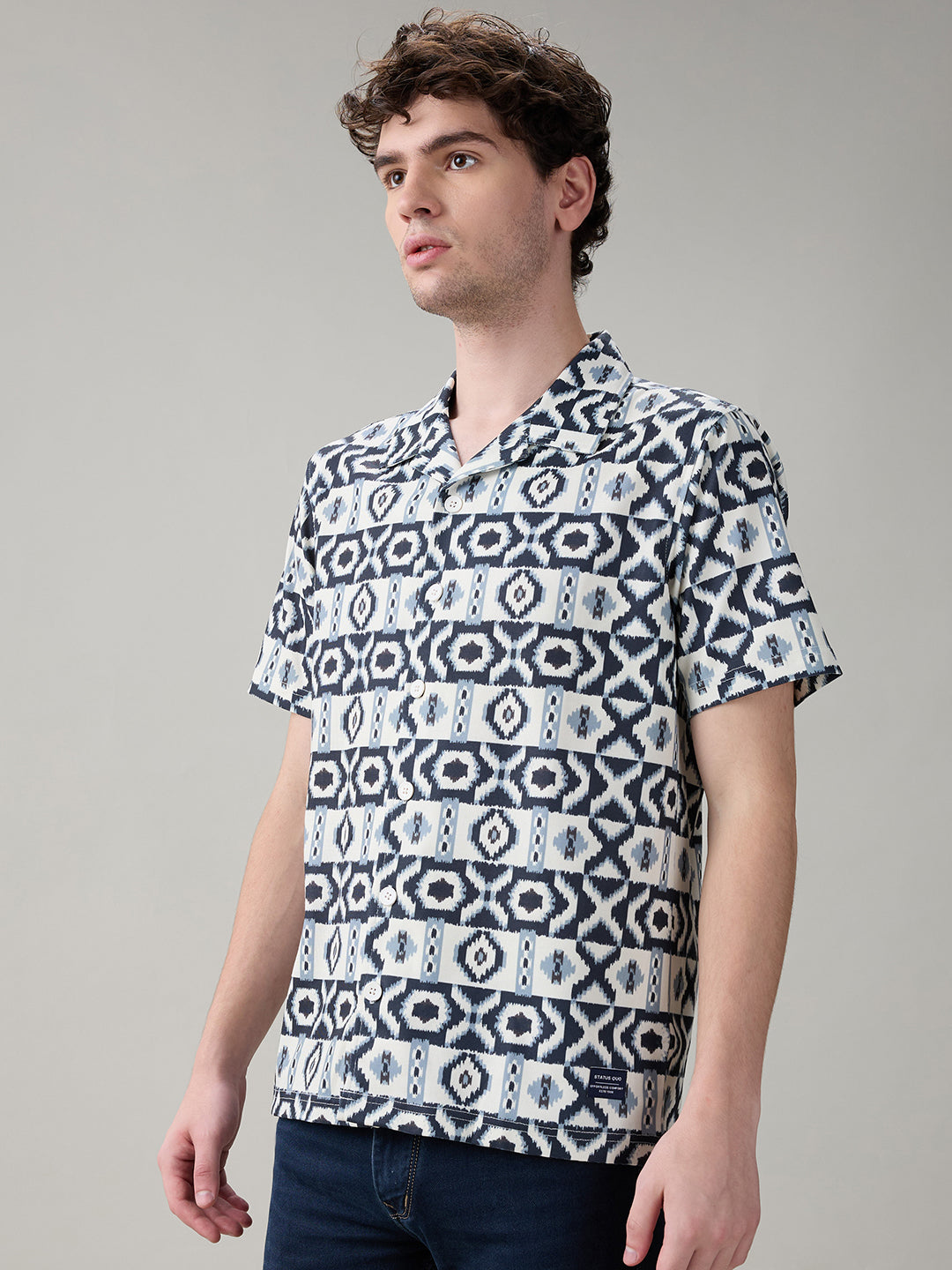 Status Quo Men'S Geometric Printed Cuban Collar Half Sleeves Regular Fit Shirt