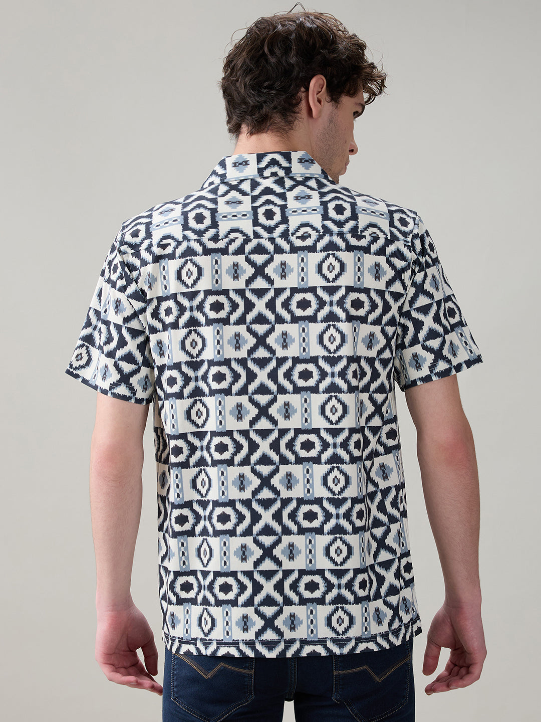 Status Quo Men'S Geometric Printed Cuban Collar Half Sleeves Regular Fit Shirt