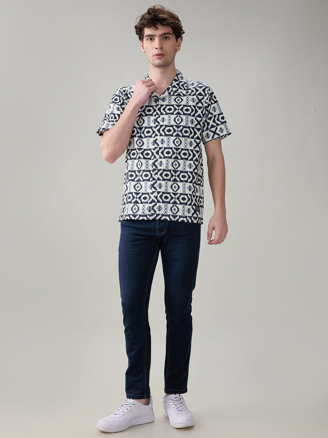 Status Quo Men'S Geometric Printed Cuban Collar Half Sleeves Regular Fit Shirt