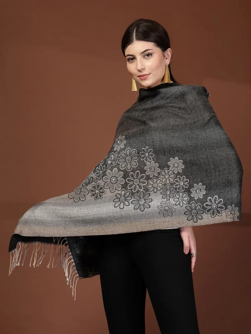 Mafadeny Women Floral Pattern Stole With Fringe And Beads