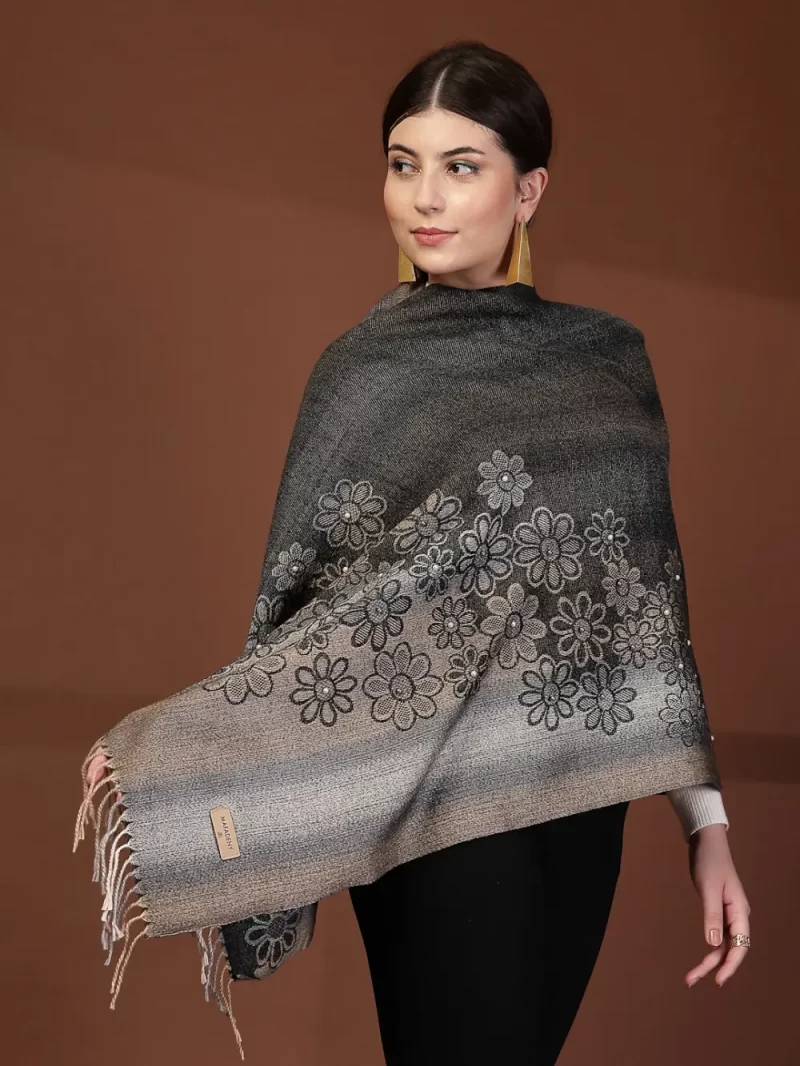 Mafadeny Women Floral Pattern Stole With Fringe And Beads