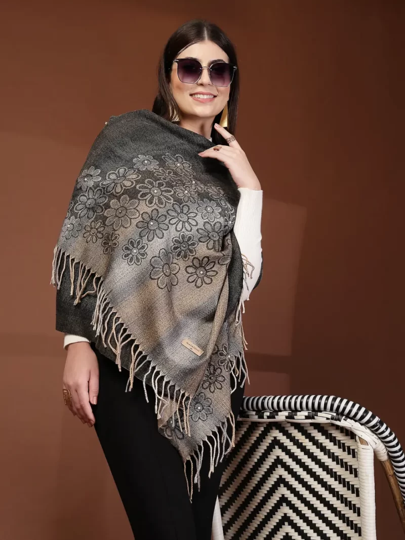 Mafadeny Women Floral Pattern Stole With Fringe And Beads